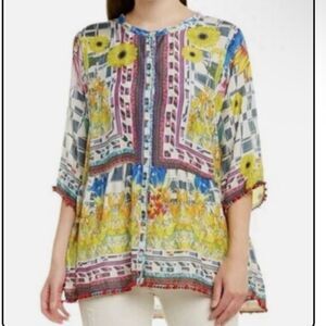 Johnny Was Yellow Multi Floral Button-Front Tunic
